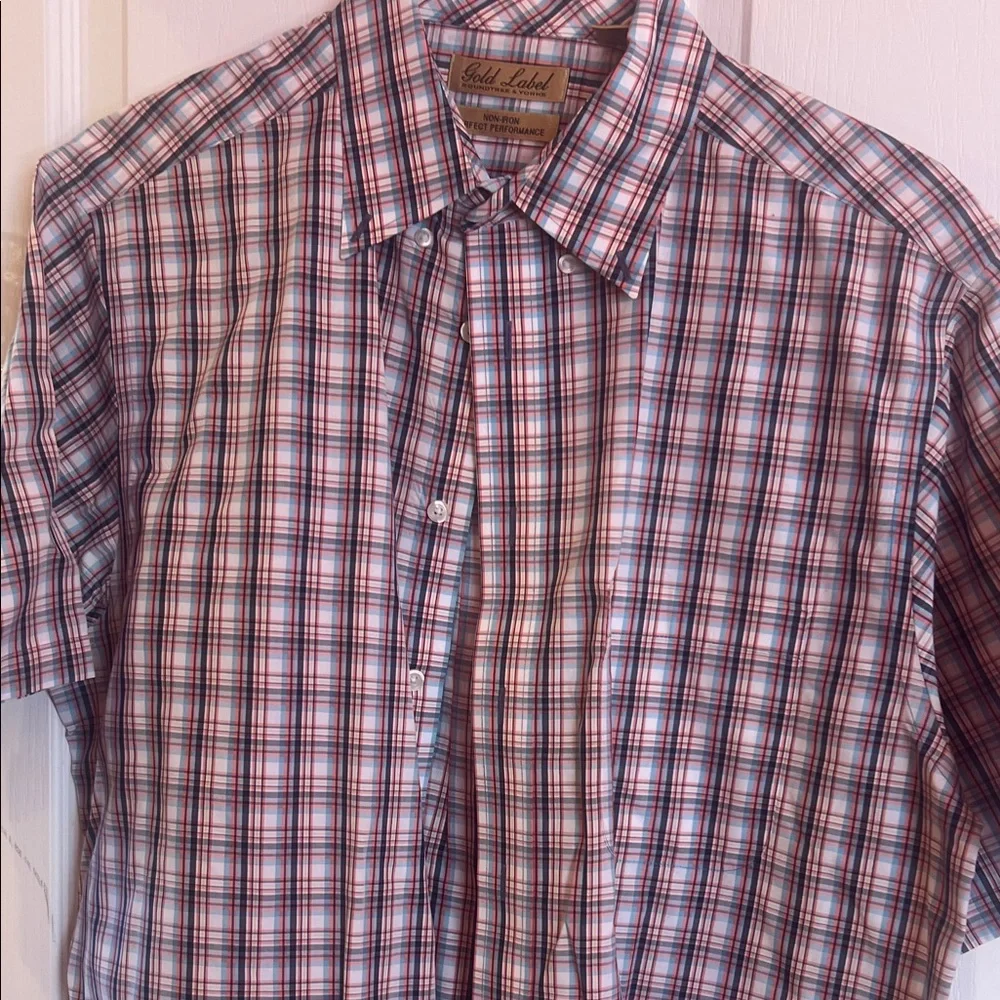 Roundtree & Yorke Red, Teal& White Plaid Button-Down Shirt short sleeved - Picture 5 of 8